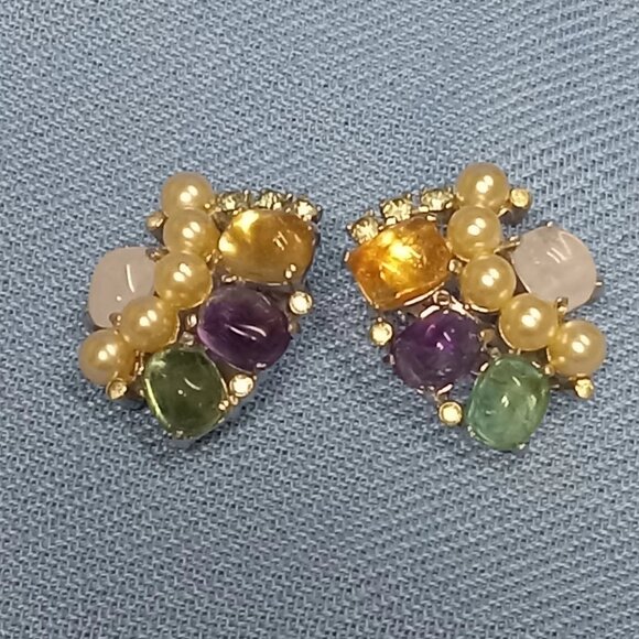 Vintage MCM Joseph Mazer JOMAZ Clip On RHINESTONE & FAUX PEARL EARRINGS 6580 - Picture 1 of 7